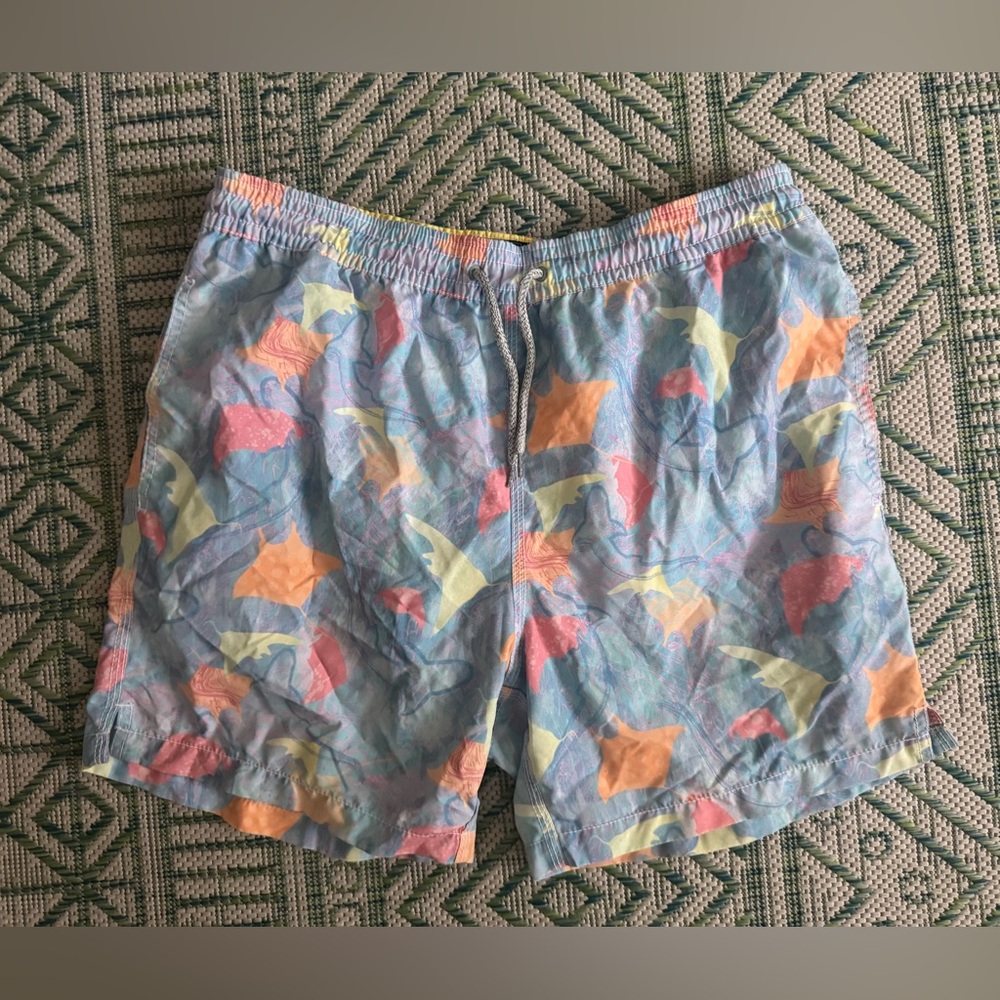 Michaels Men's Blue and Orange Swim Trunks L Quick-Dry Tropical Beachy VGUC
